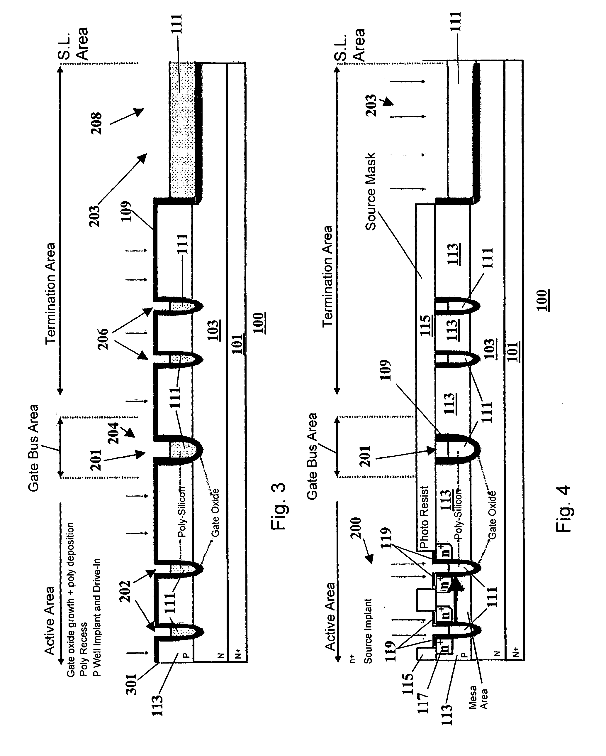 Trench mosfet and method of manufacture utilizing four masks