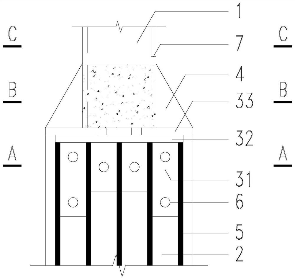 Rigid connection joint between box-shaped steel column and concrete column