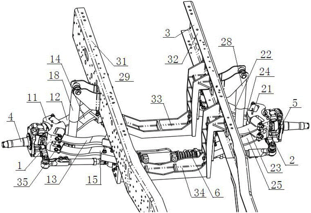 Commercial vehicle single front axle structure with independent suspensions