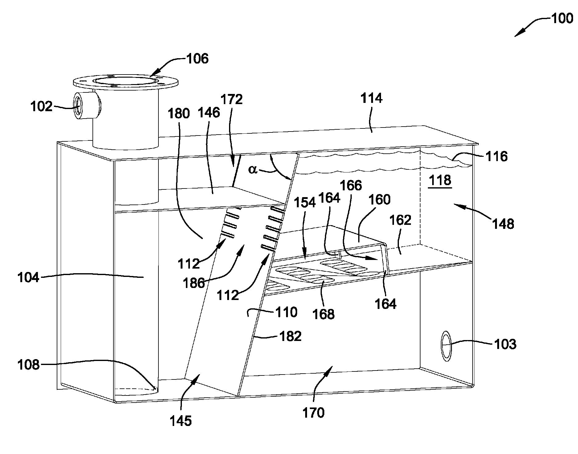 Fluid storage tank configured to remove entrained air from fluid