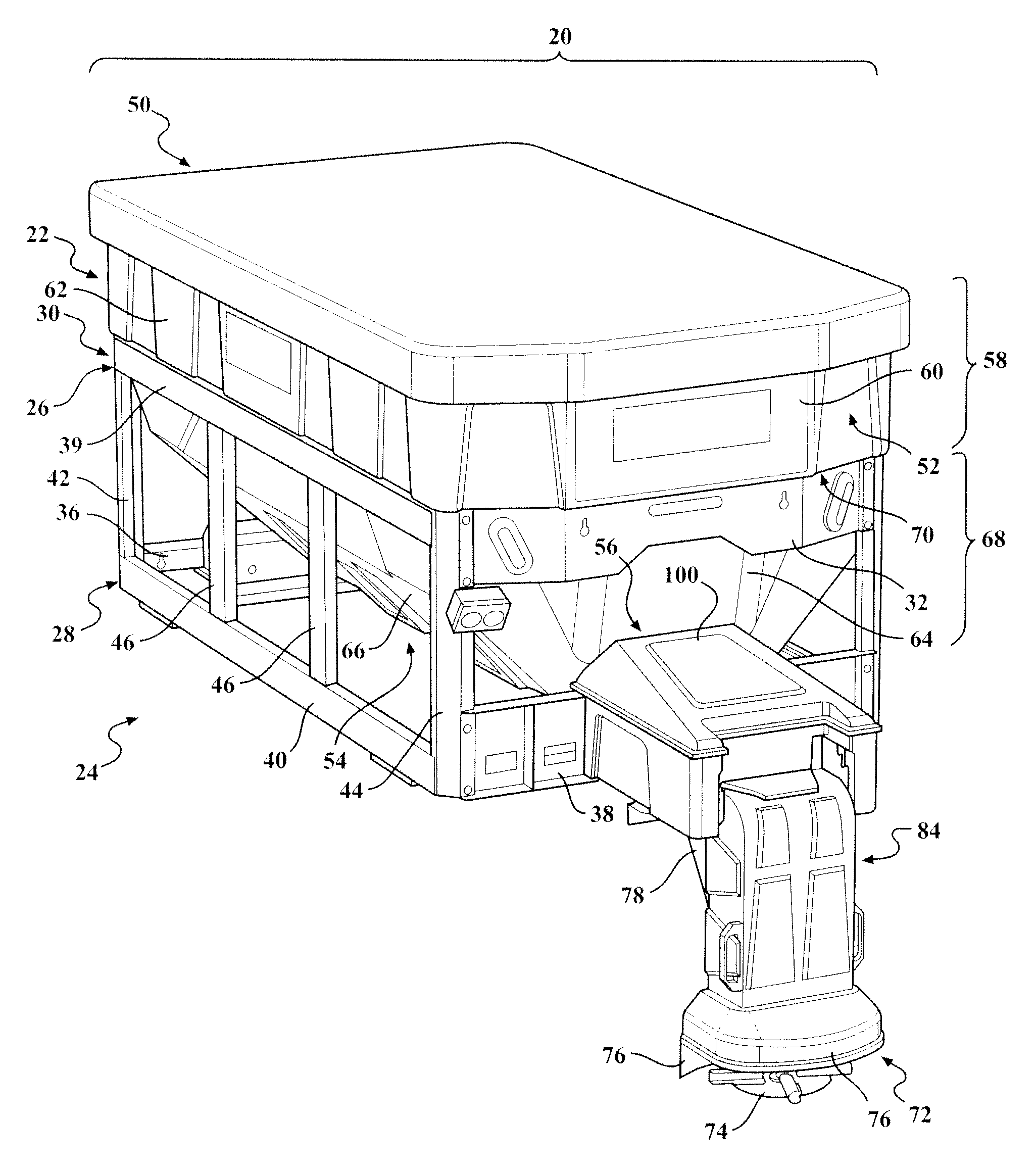 Cab-forward truck bed mounted material spreader