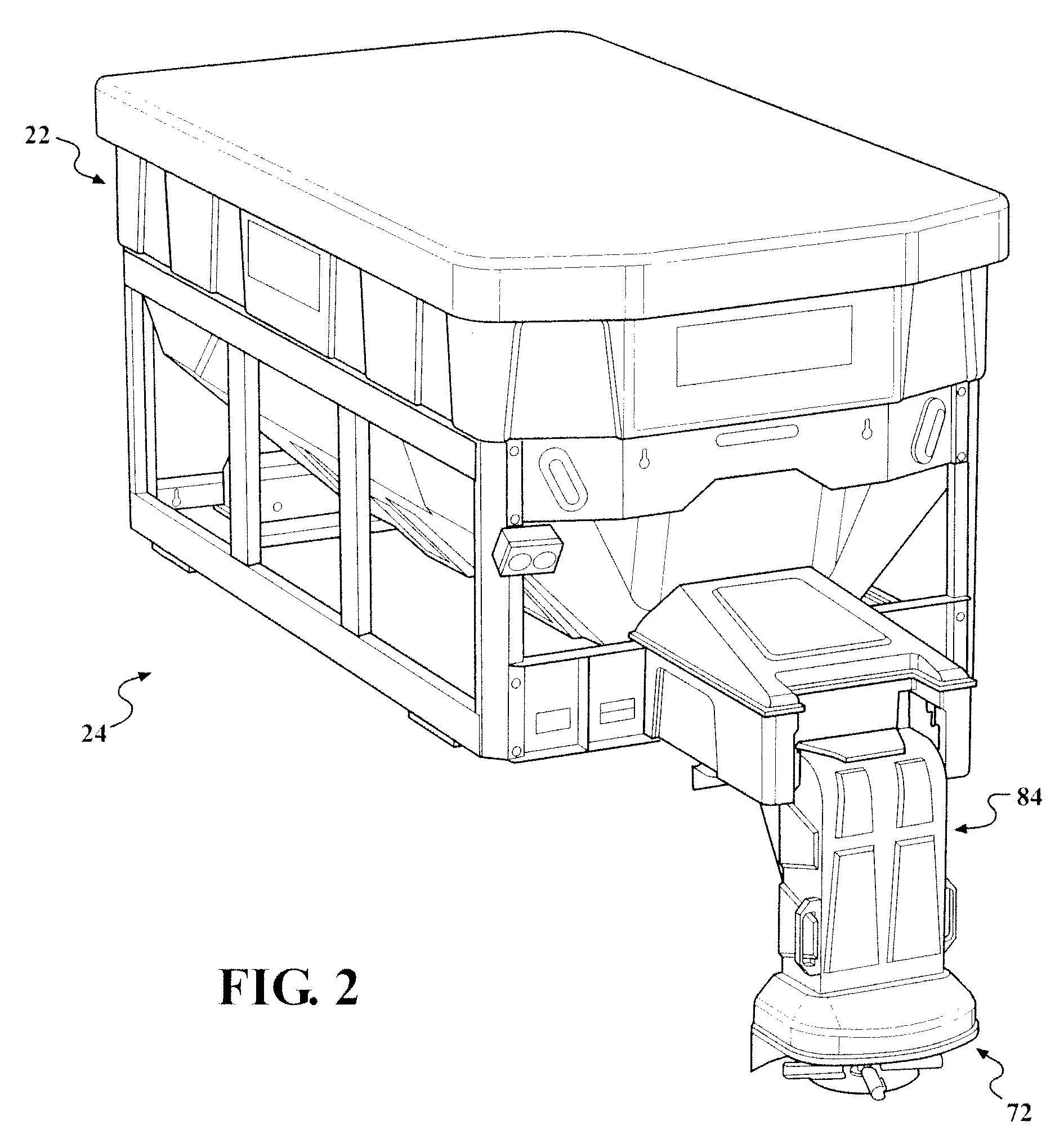 Cab-forward truck bed mounted material spreader