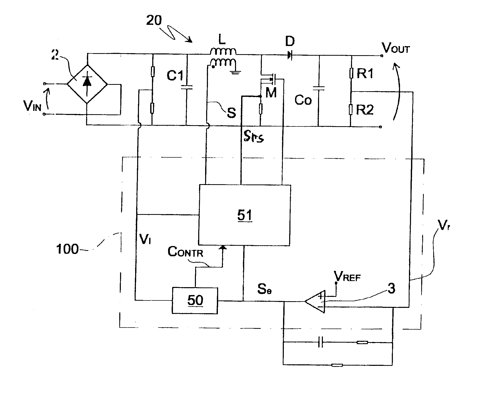 Device for the correction of the power factor in power supply units with forced switching operating in transition mode