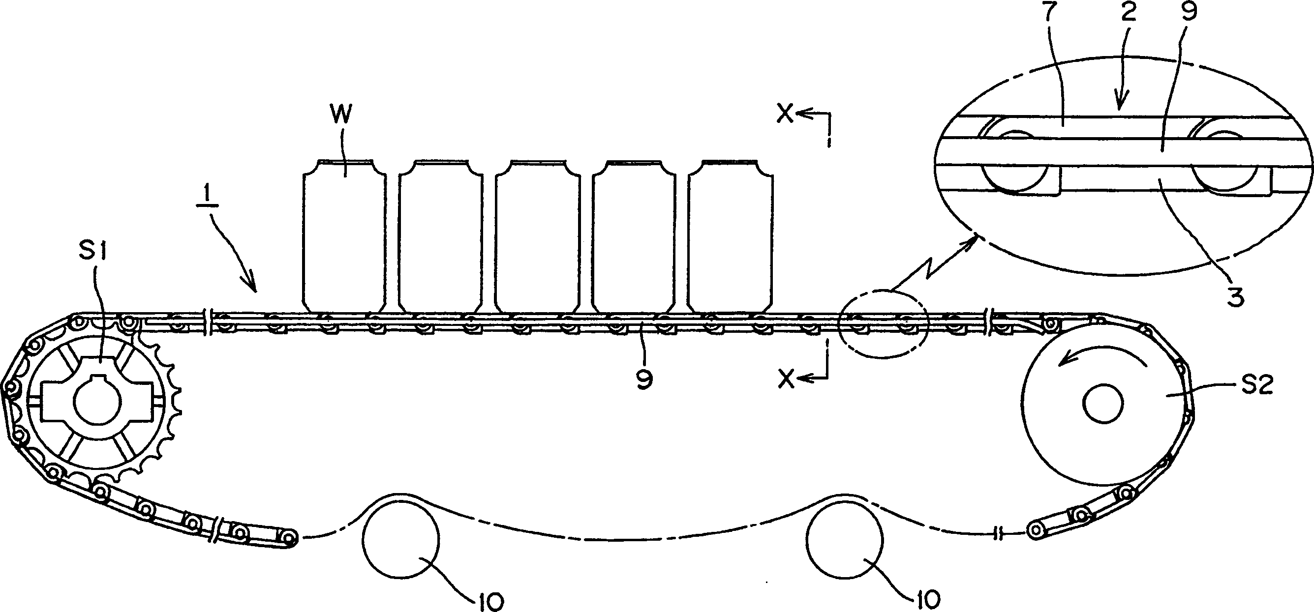 Antistatic resin-made chain for article conveyance