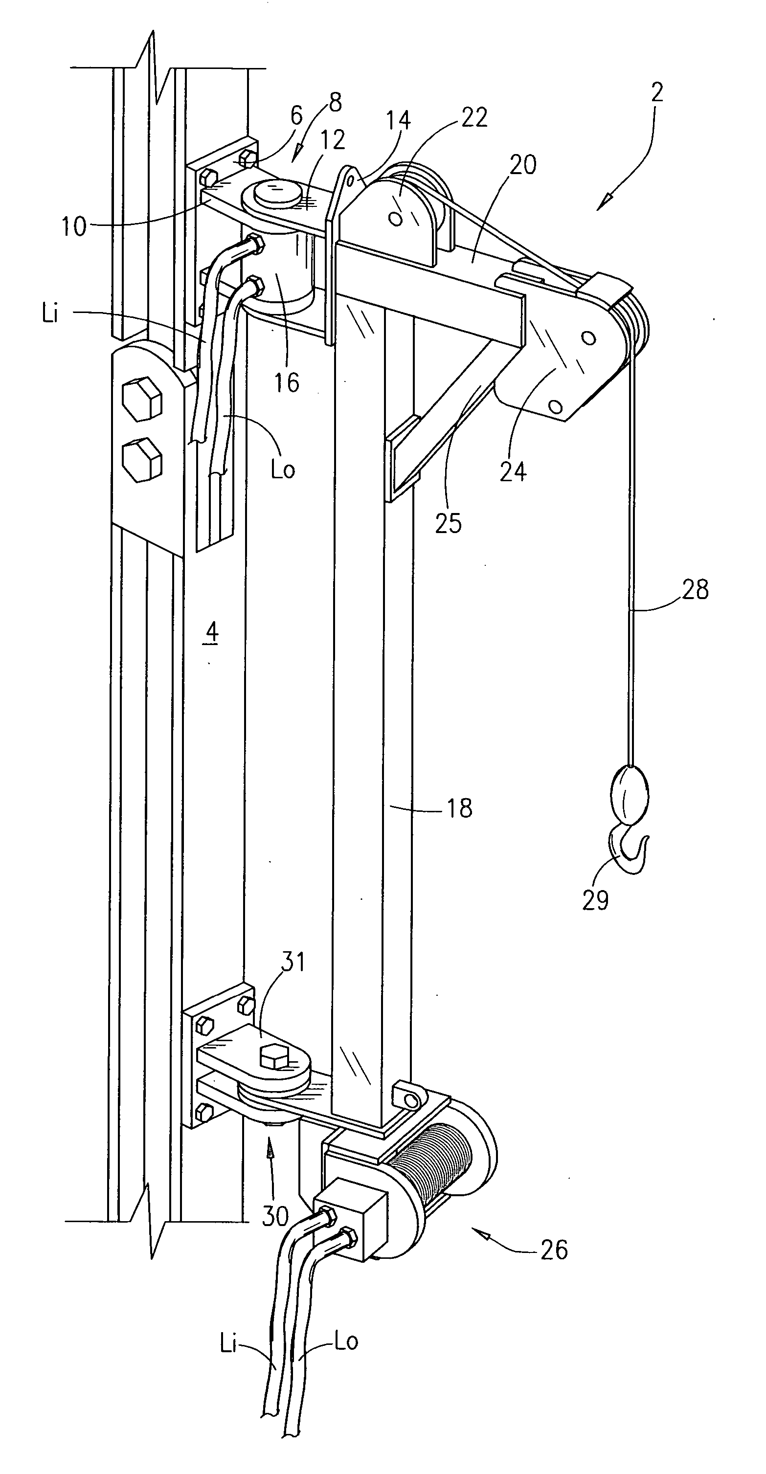 Swing arm crane and method