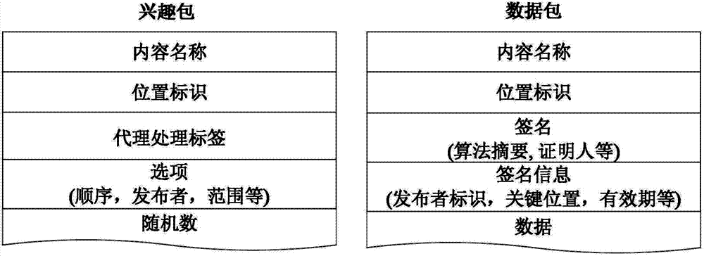 Packet structure and interest packet transfer and source switching and source agency selection method