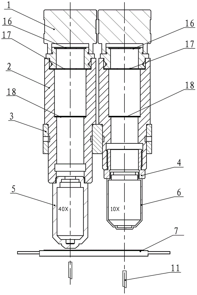 Double-lens-cone microscope device used in urinary sediment inspection equipment