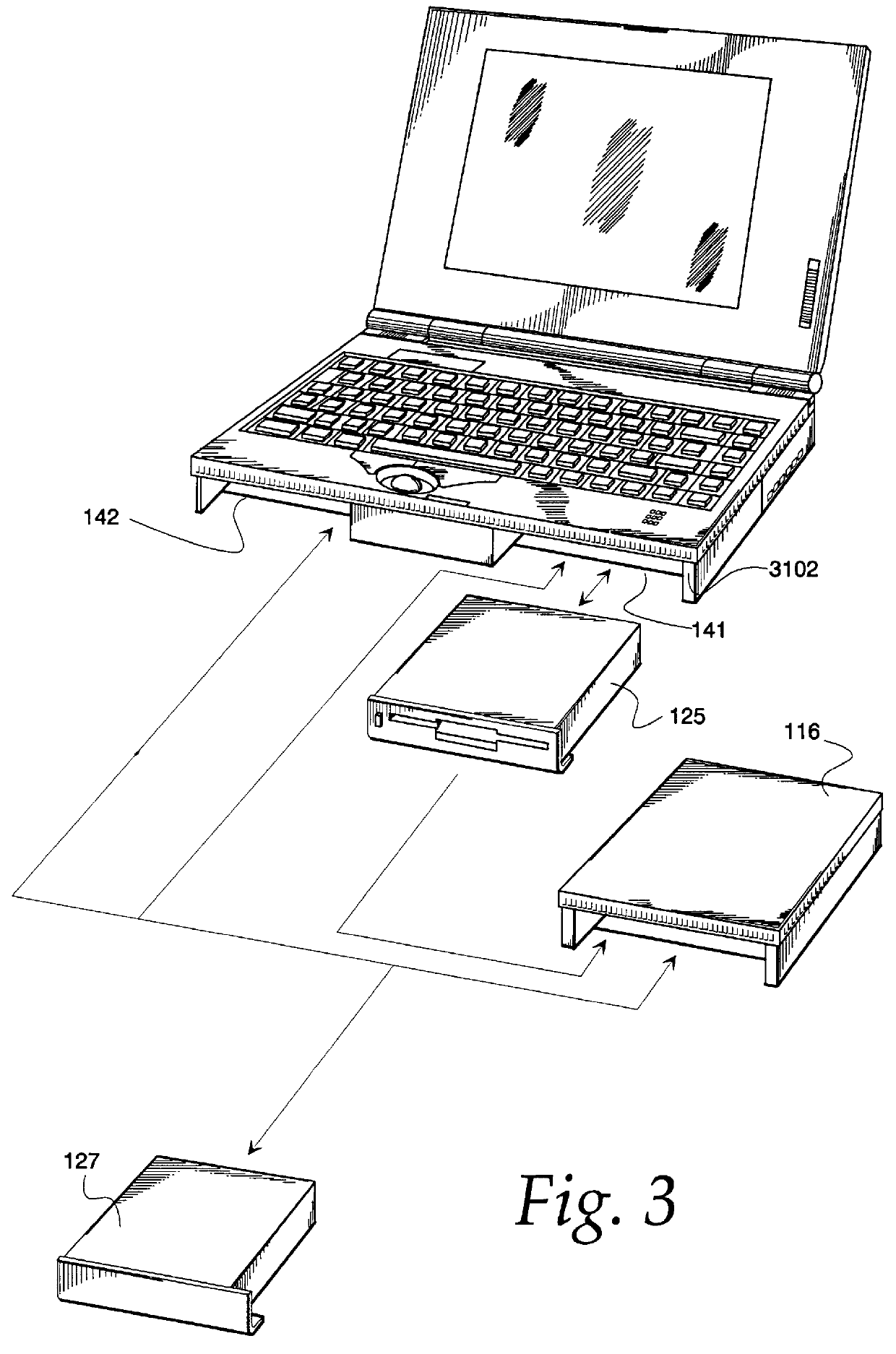 Modular portable personal computer having bays to receive interchangeable modules