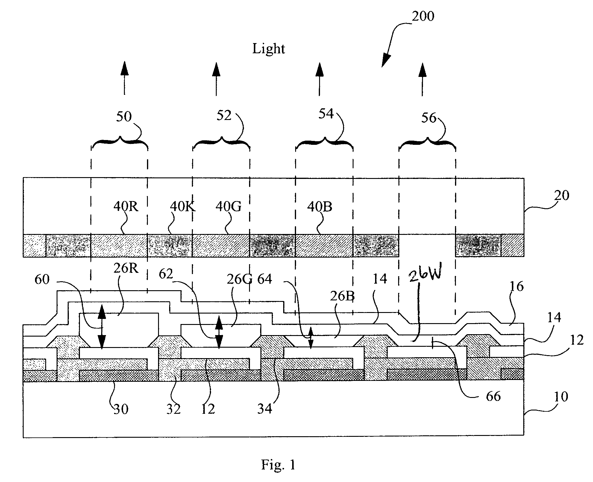 Light emitting diode device incorporating a white light emitting layer in combination with a plurality of optical microcavities