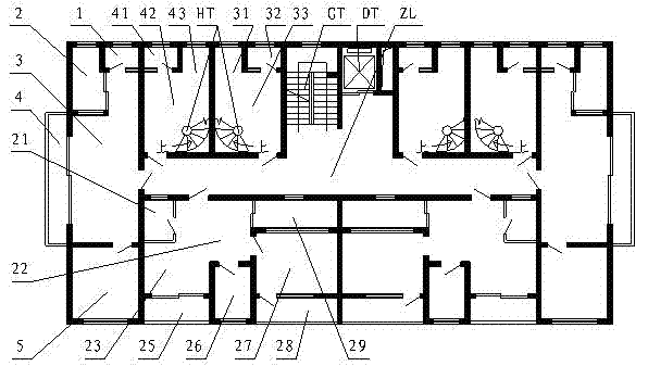 Residence with large apartments, medium apartments and small apartments mixed