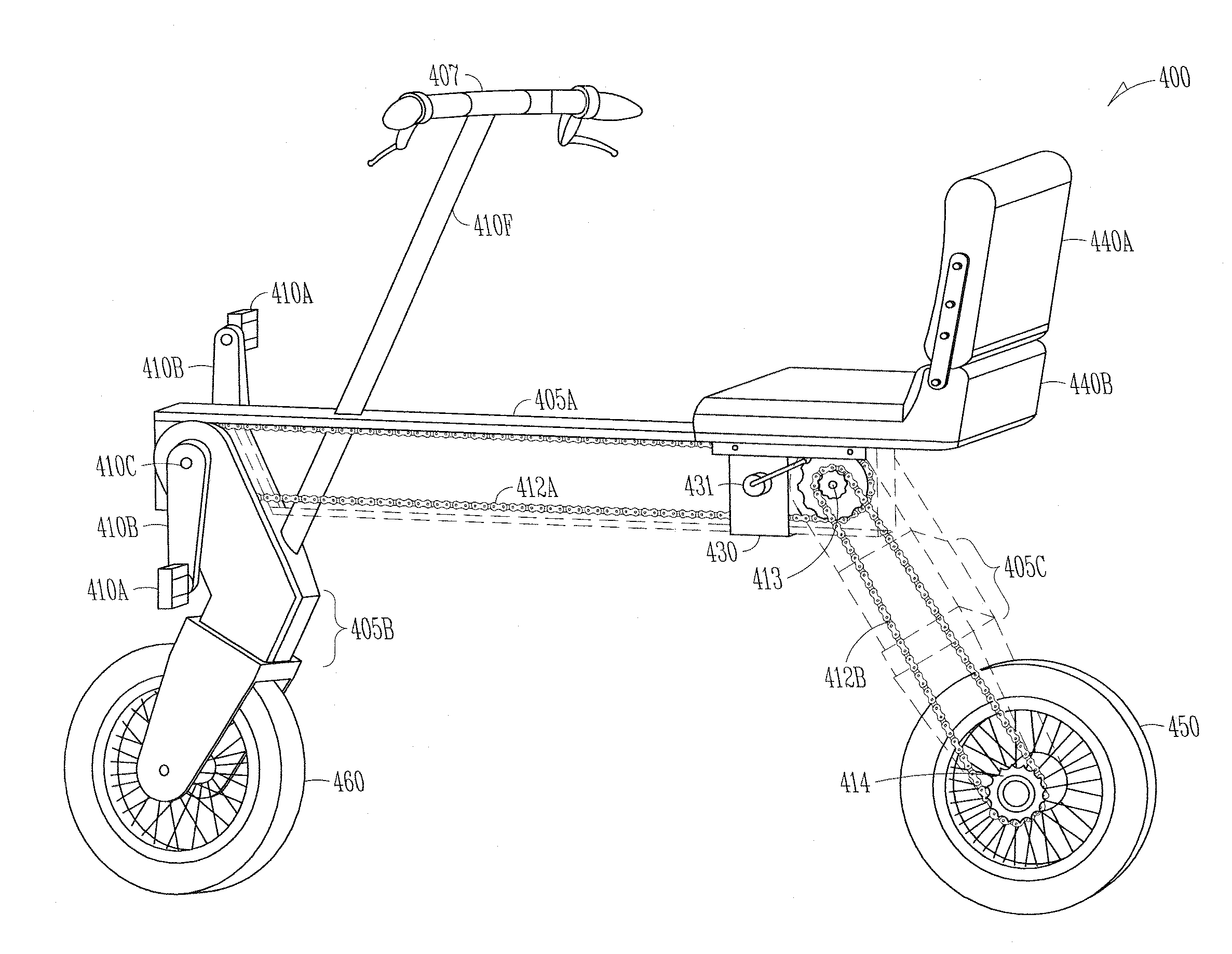 Folding vehicle having a chassis that functions as a protective, carry-on casing