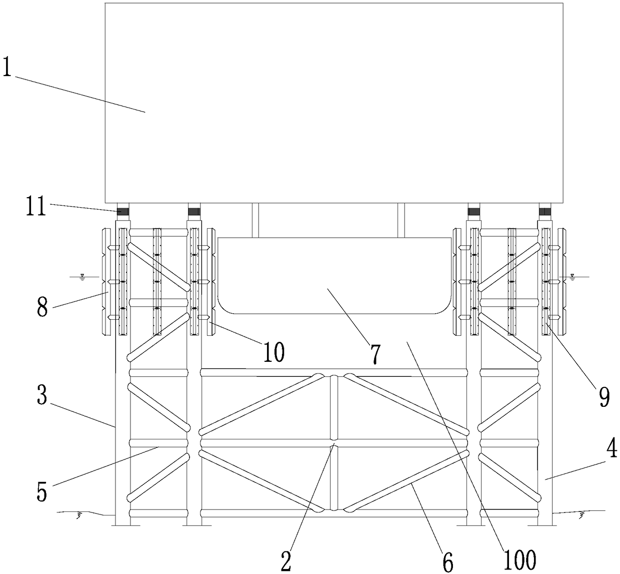 Large-scale offshore platform integral type conduit frame structure suitable for installation in deep water sea area by floating and supporting method and installation method thereof