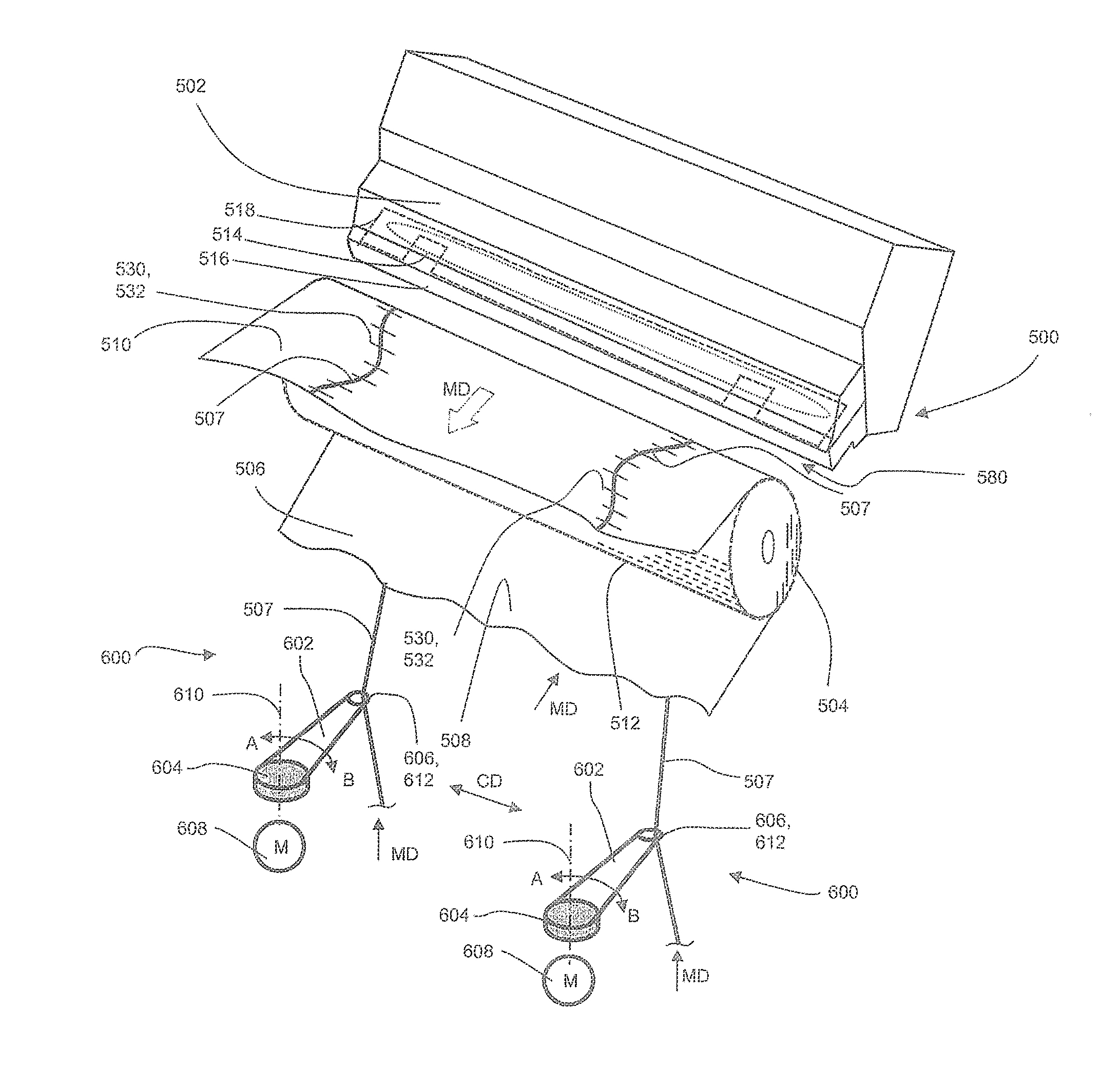 Method and apparatus for applying an elastic material to a moving substrate in a curved path