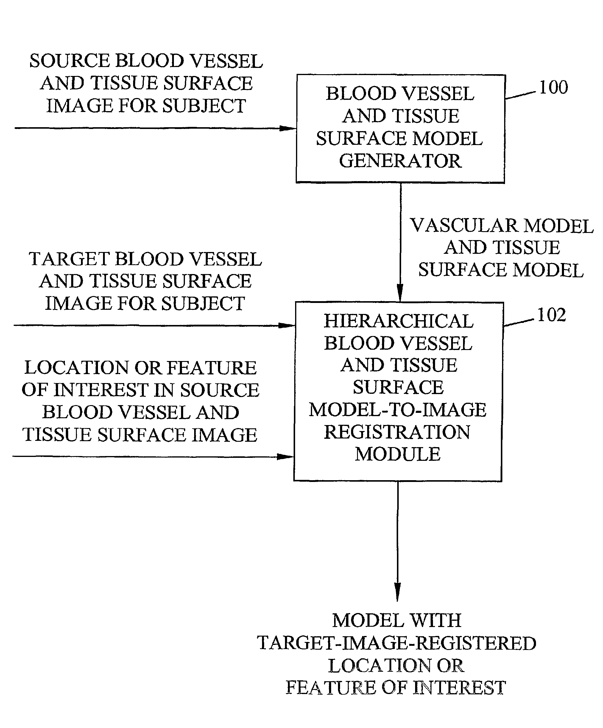 Methods, systems, and computer program products for hierarchical registration between a blood vessel and tissue surface model for a subject and a blood vessel and tissue surface image for the subject