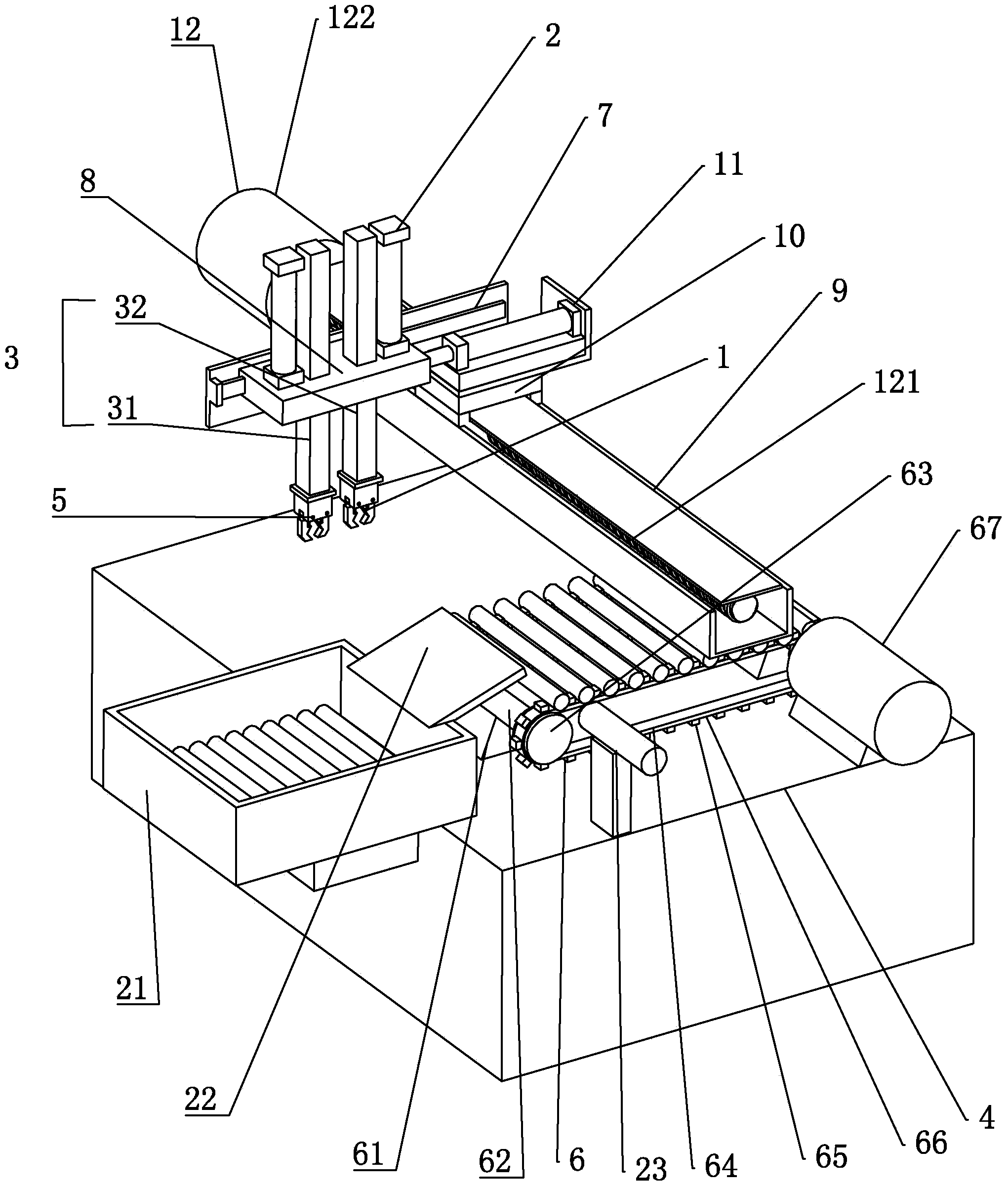 Mechanical hand automatic material-receiving and material-feeding device for long shaft parts