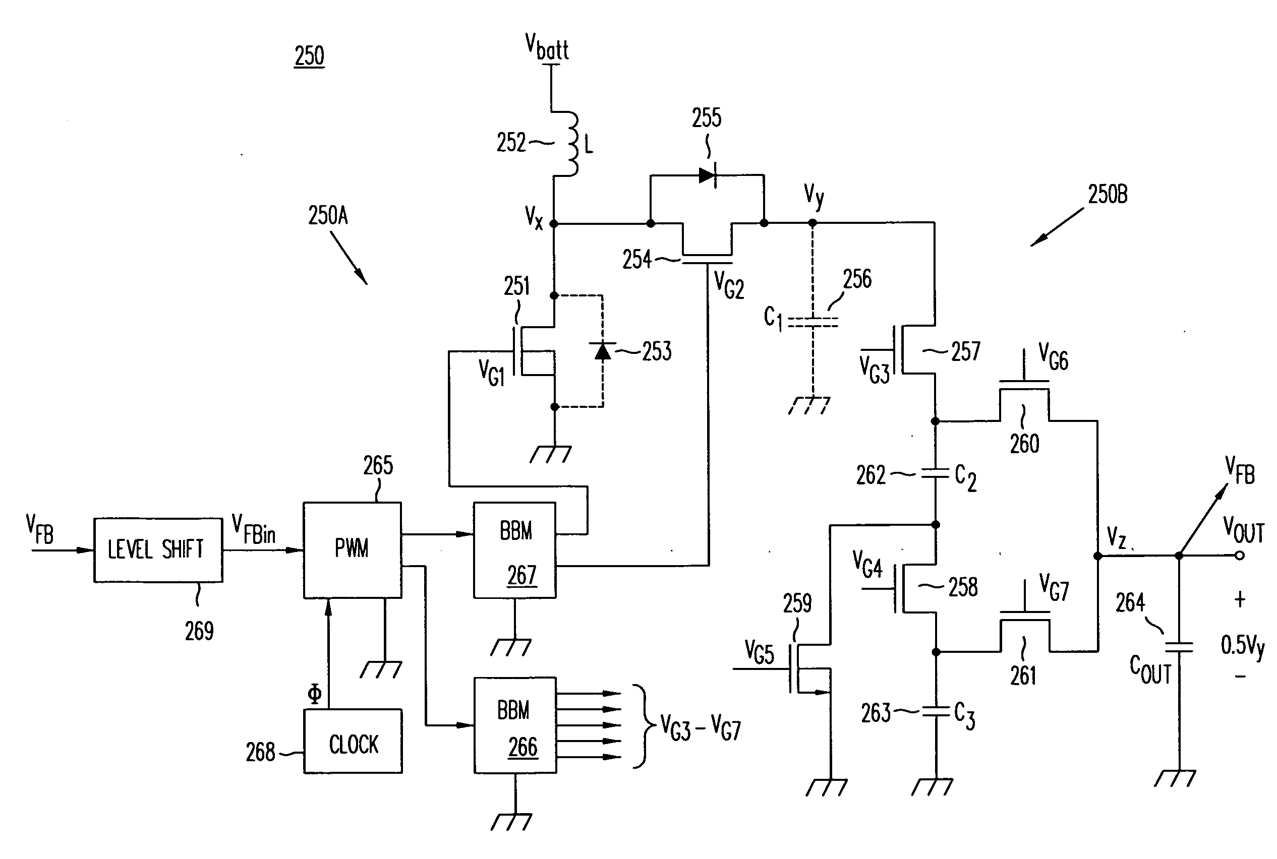 High-efficiency DC/DC voltage converter including up inductive switching pre-regulator and capacitive switching post-converter