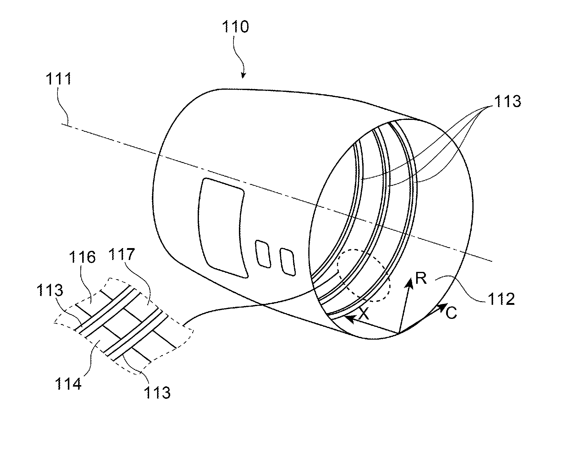 Aircraft fuselage portion in composite material including ply drop-off with gentle slope