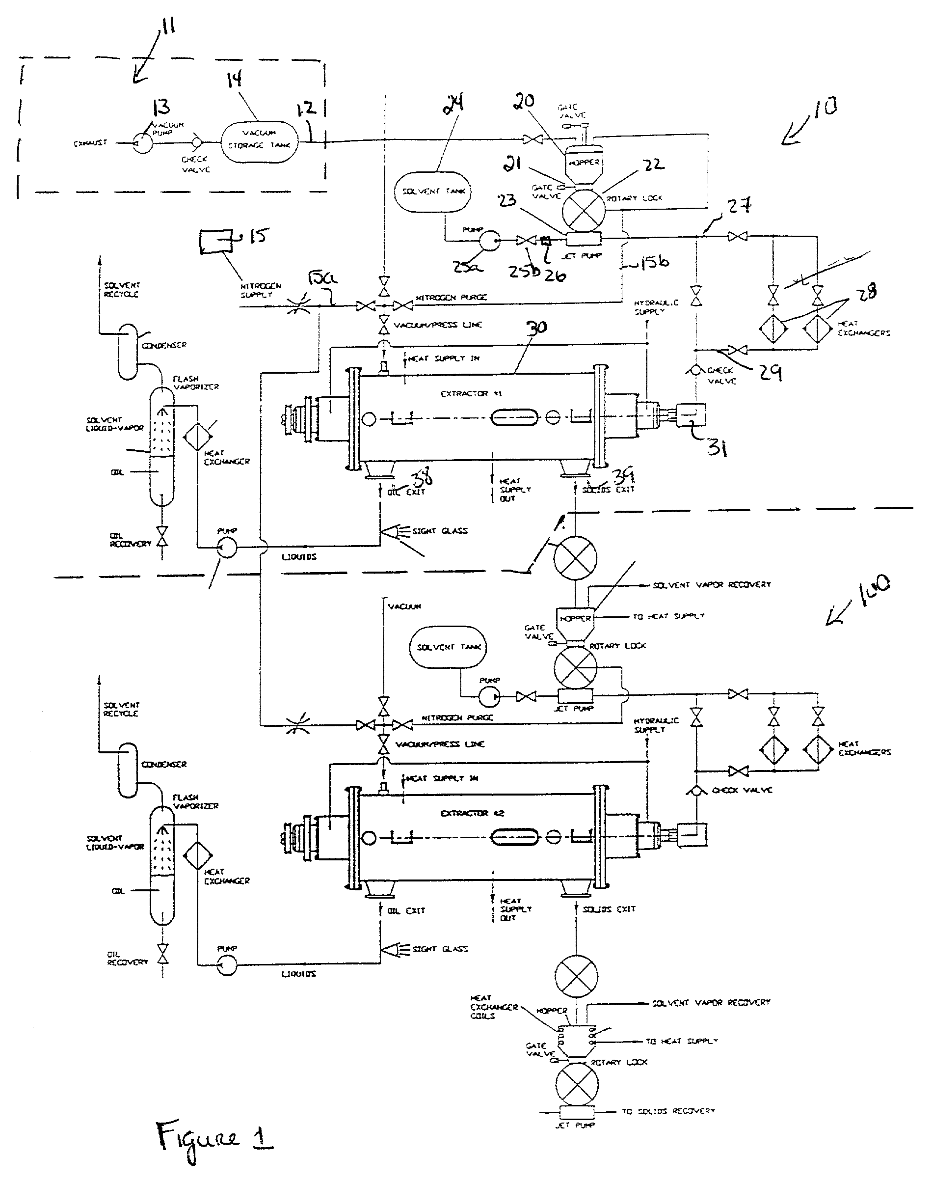 Process and system for continuously extracting oil from solid or liquid oil bearing material