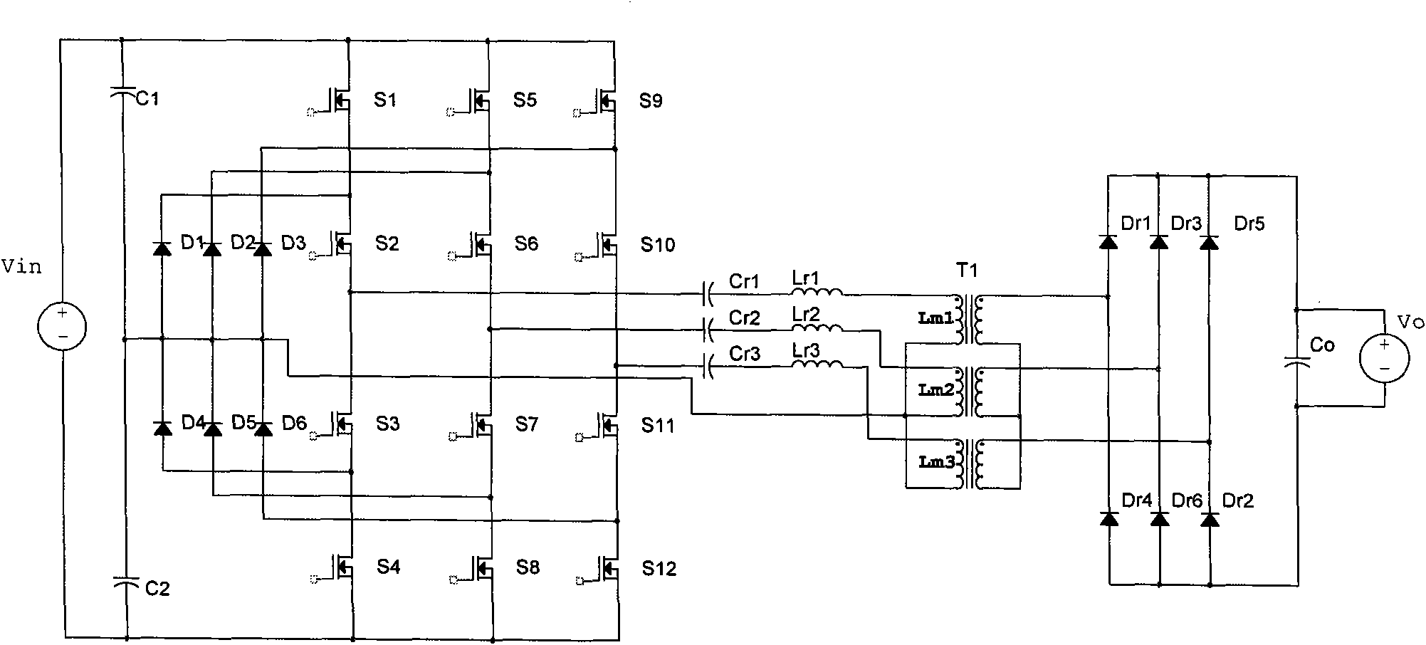 Three-phase tri-level LLC resonant converter