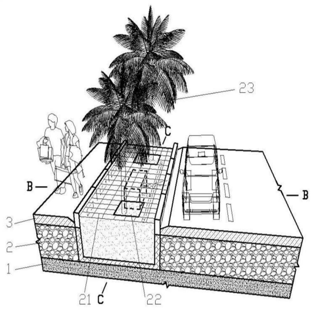 Water storage cellar greening system for roadside in sponge city and using method