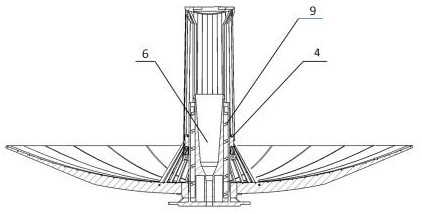A single-drive umbrella antenna with primary and secondary surfaces deployed synchronously
