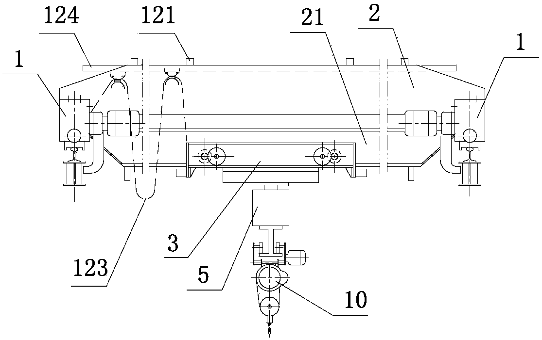 Anti-tipping double-beam crane with suspension end beam trolley and balance end beams
