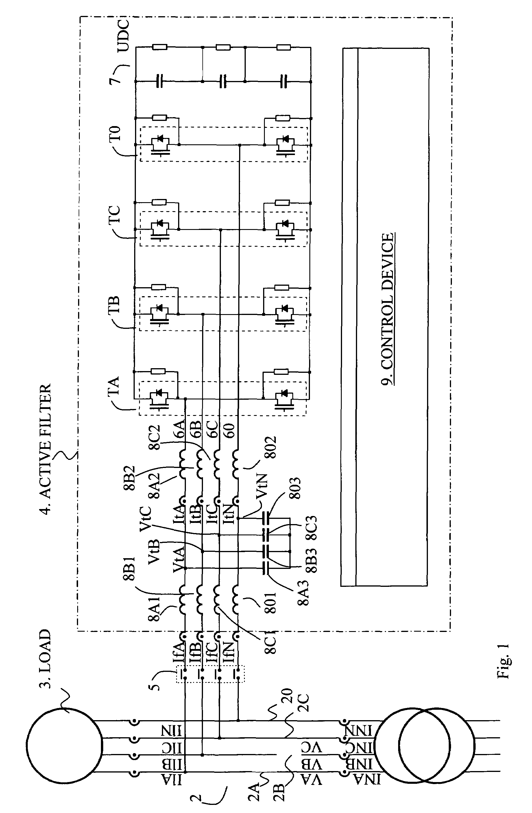 T-filter for reducing disturbances generated on a power grid by an active filter