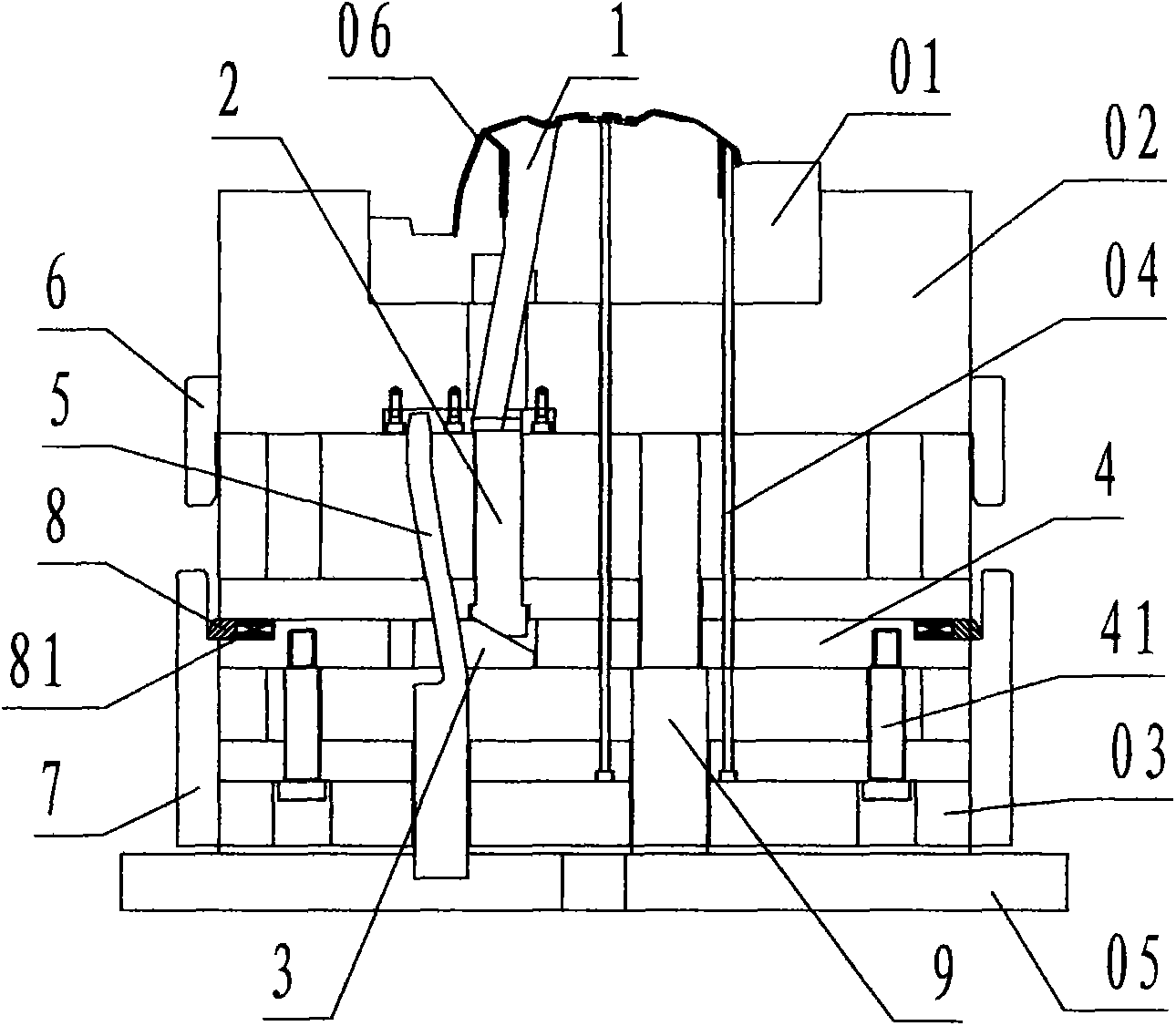 Secondary core-pulling and ejection demoulding device by asynchronous inclined downward ejection
