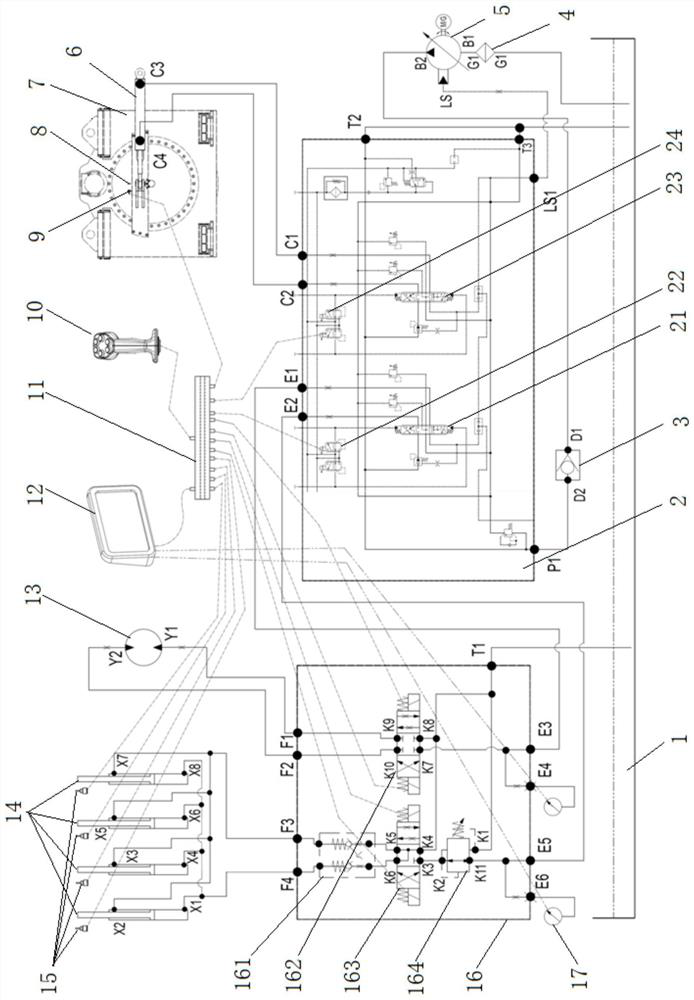 Forklift hydraulic system for overturning large component and control method