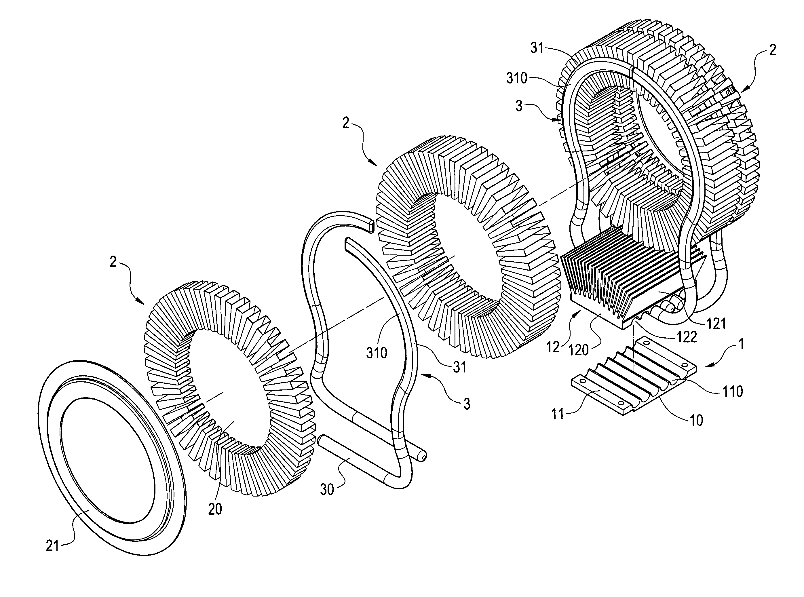 Cooling device with ringed fins