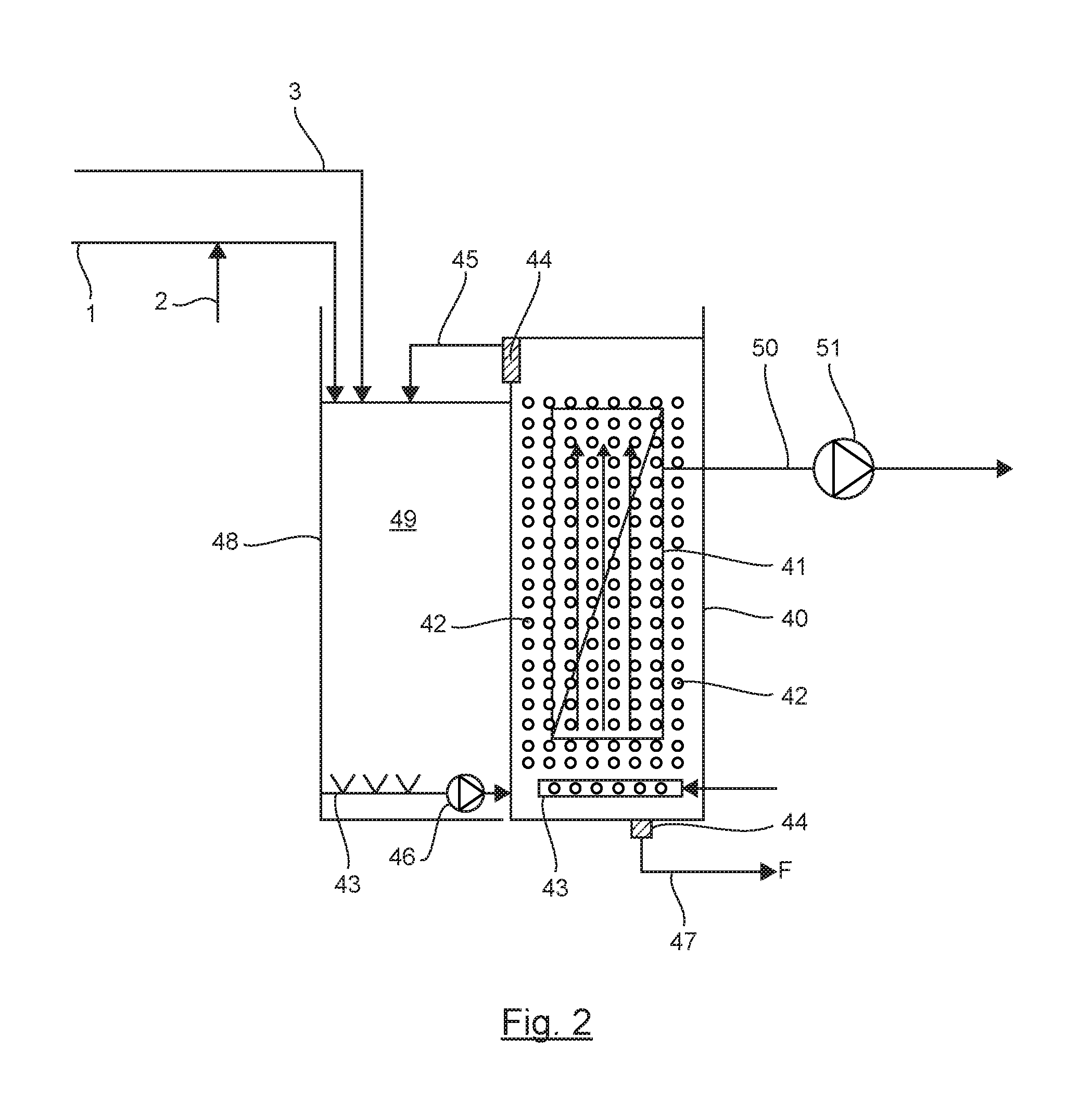 Membrane water treatment factility and method incorporating adsorption on an adsorbent powdered material and means for limiting the abrasion of the membranes