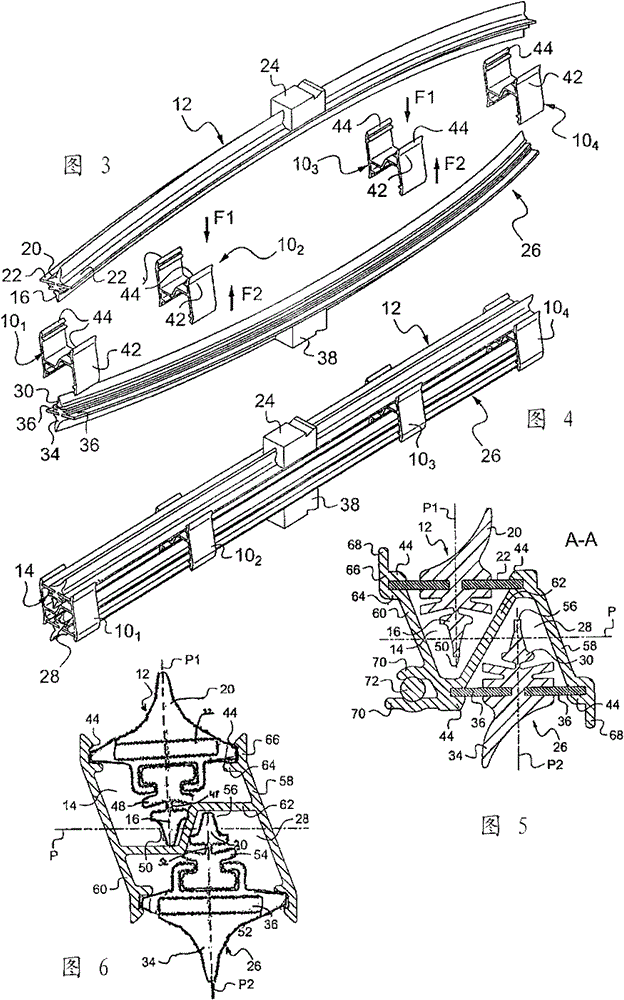 Device and assembly for supporting a pair of windscreen wipers, and corresponding packaging and method for mounting same