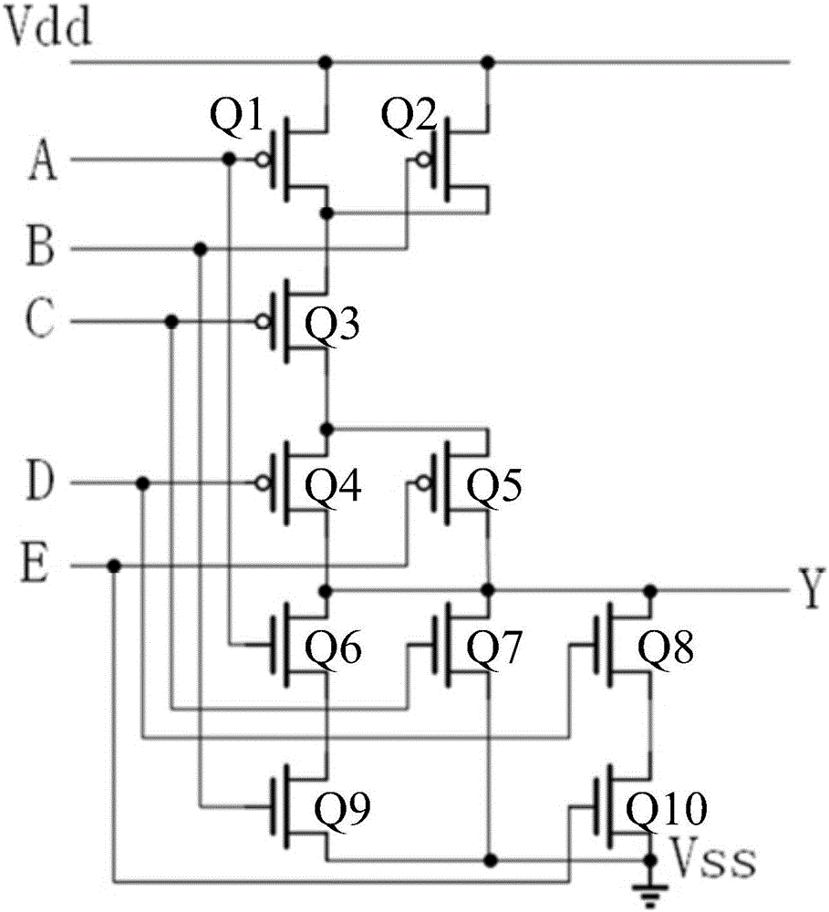 Circuit for implementing transistor-level scheme of five-input-end combinational logic circuit