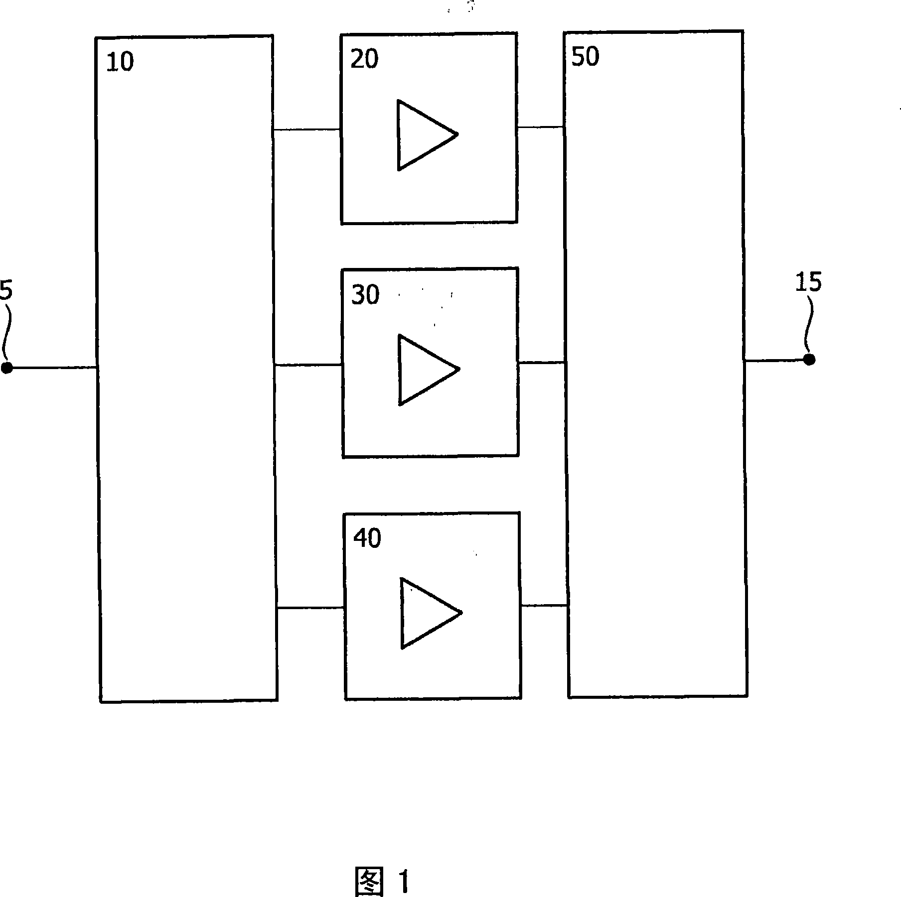 Integrated doherty type amplifier arrangement with high power efficiency