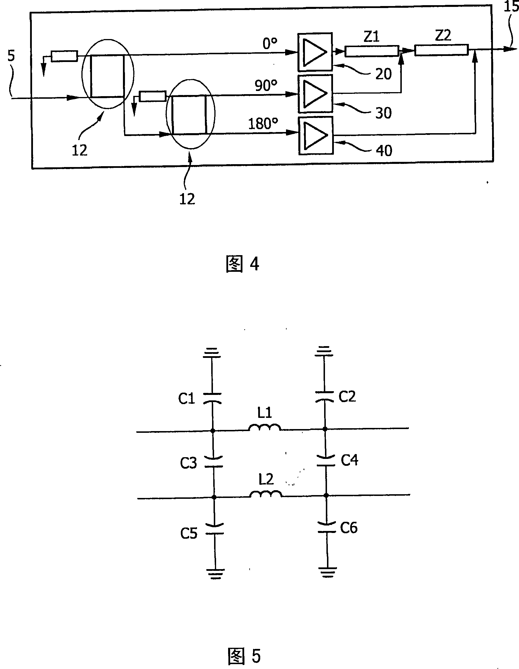 Integrated doherty type amplifier arrangement with high power efficiency