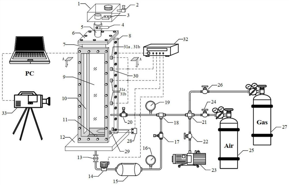 Visual experiment device and method for testing explosion characteristics of powder/gas/liquid three-phase explosive mixed medium