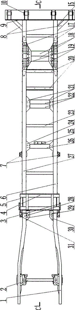 Heavy-duty four-axle dump truck frame combined structure in integrated structure