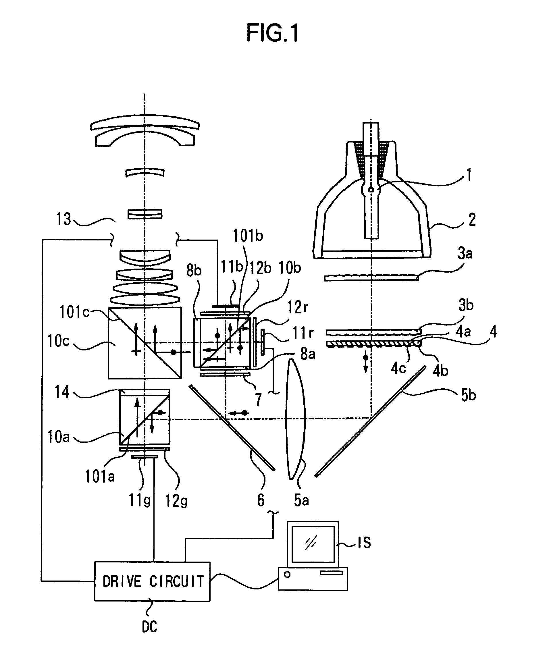 Color splitting/combining optical system and image projecting apparatus