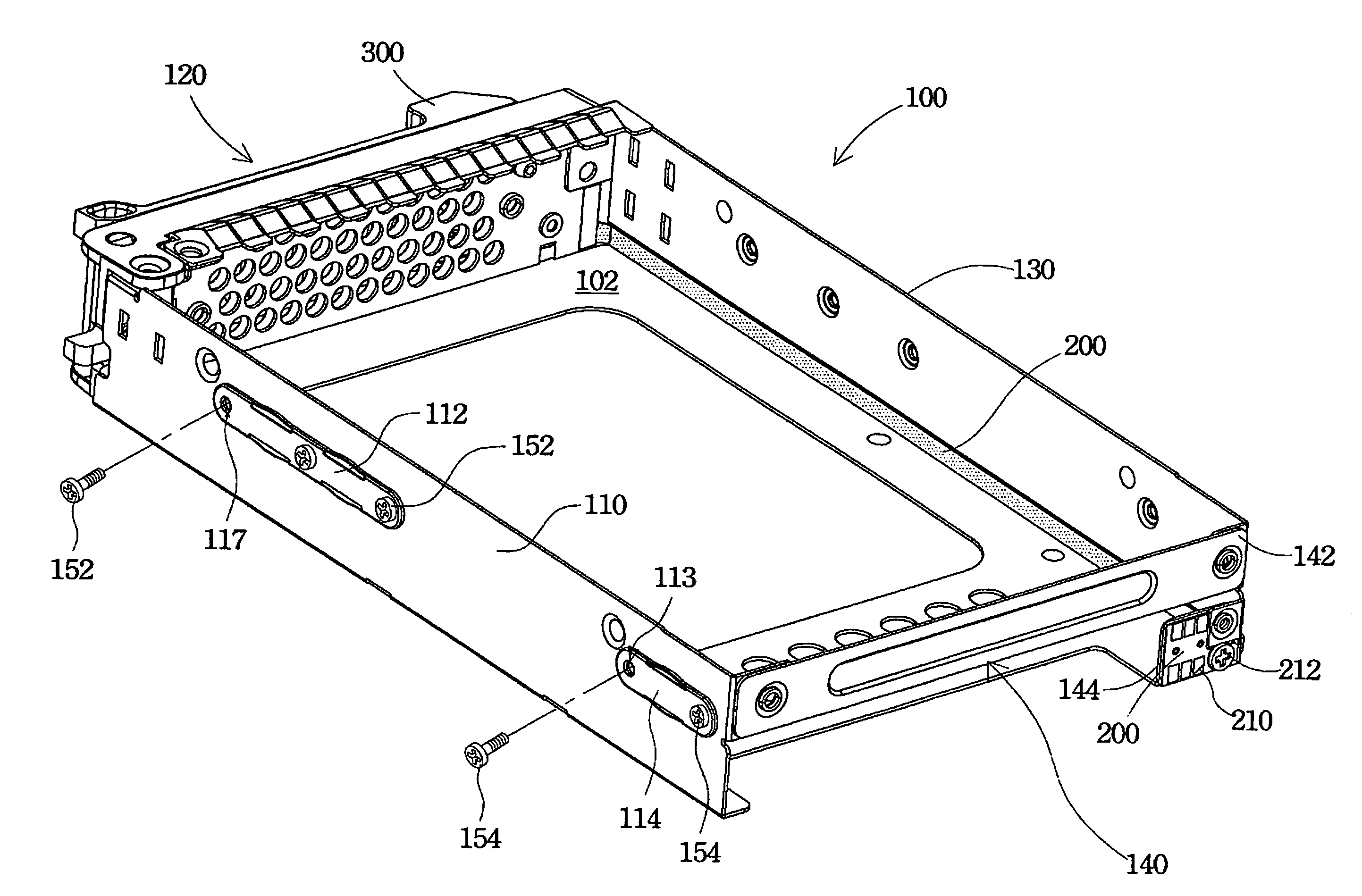 Hard disk drive tray structure with flex circuit extending between exposed sides and connected to metal pad and indicator