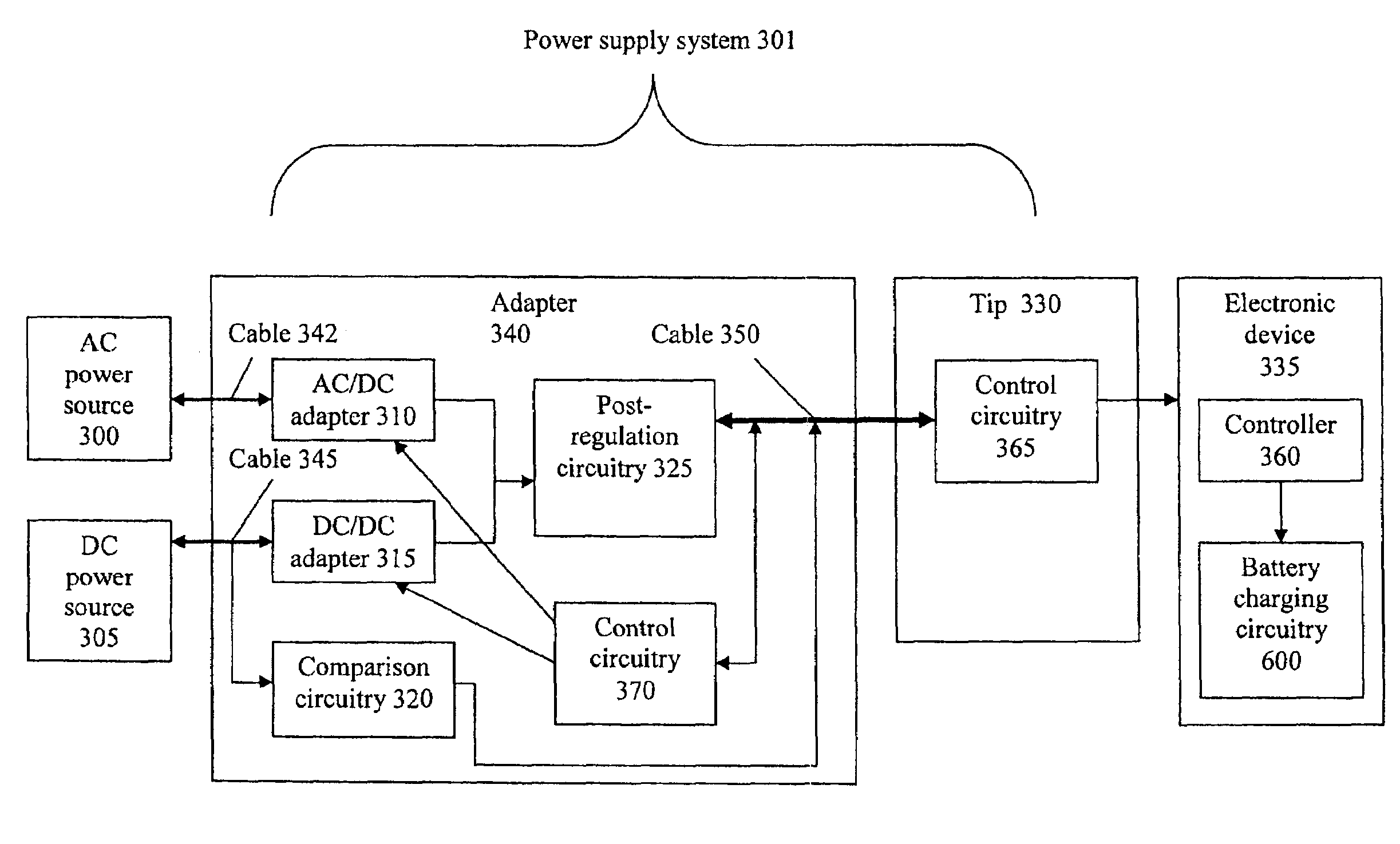 DC power source determination circuitry for use with an adapter
