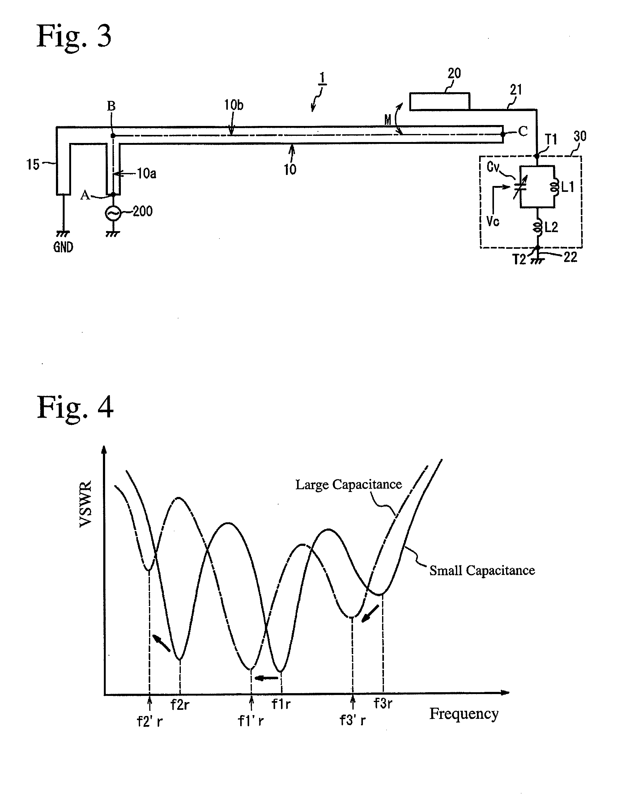 Frequency-variable antenna circuit, antenna device constituting it, and wireless communications apparatus comprising it