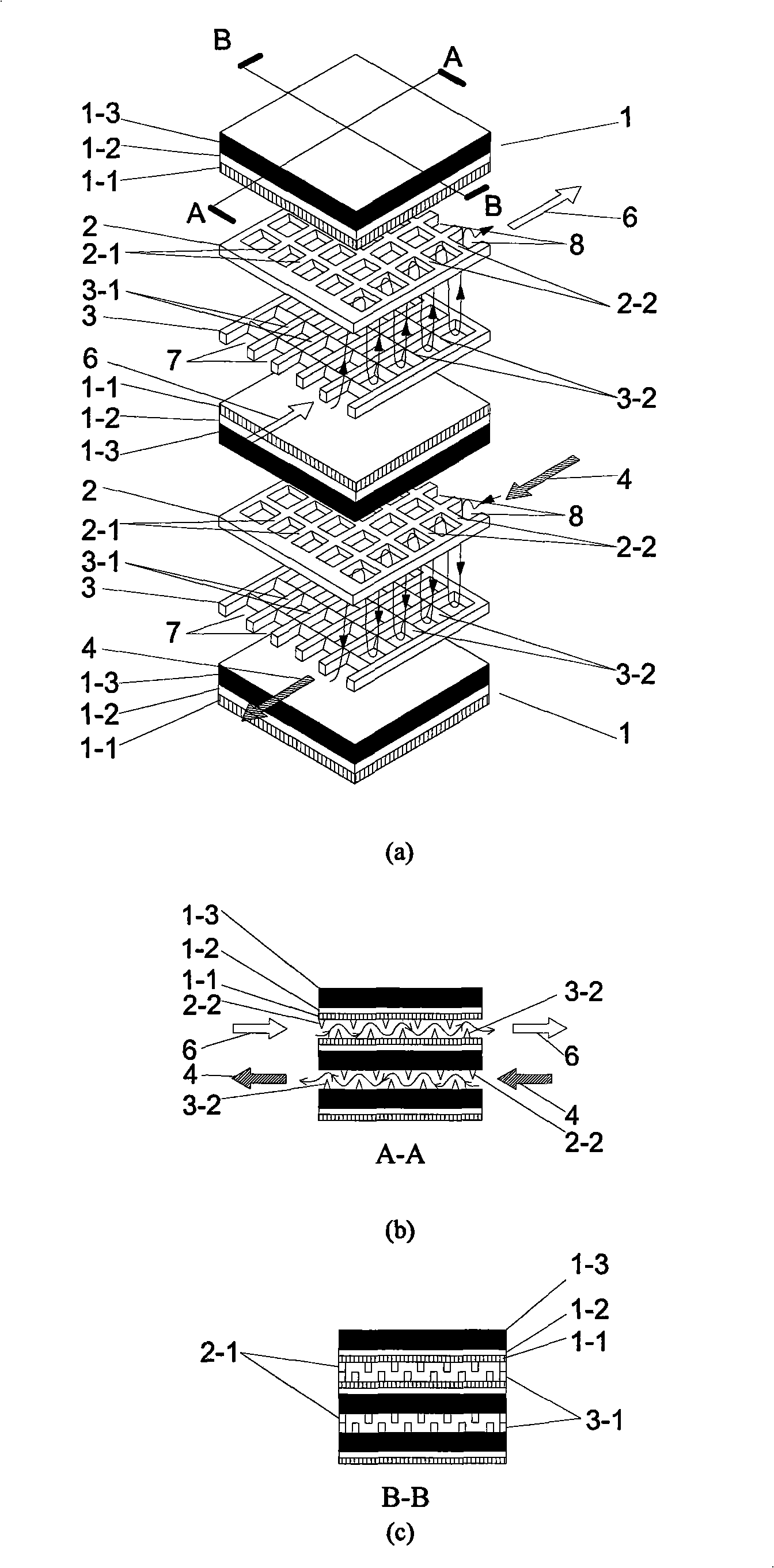 Flat-plate solid-oxide fuel battery stack for double-layer connector