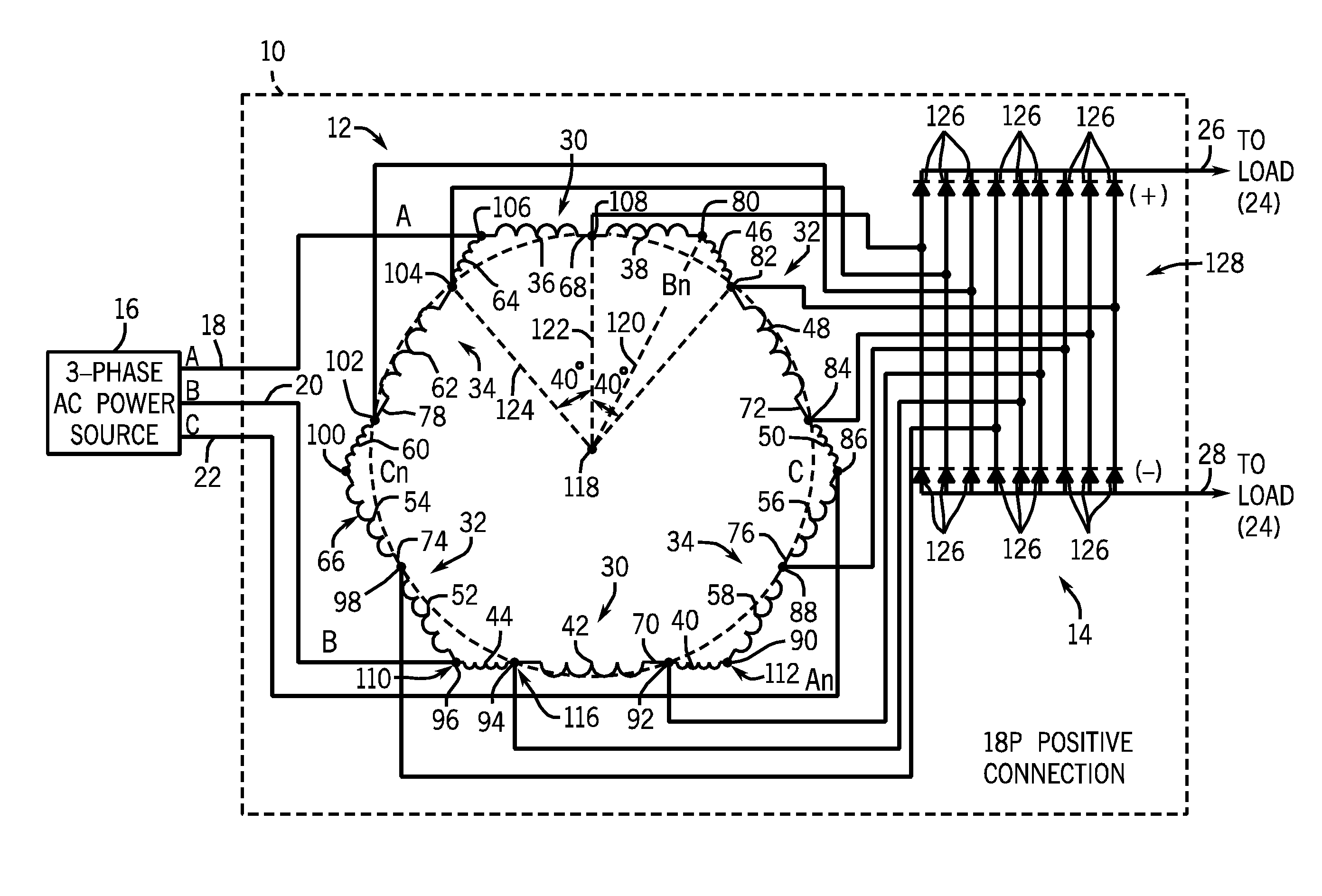 Thirty-six pulse power transformer and power converter incorporating same