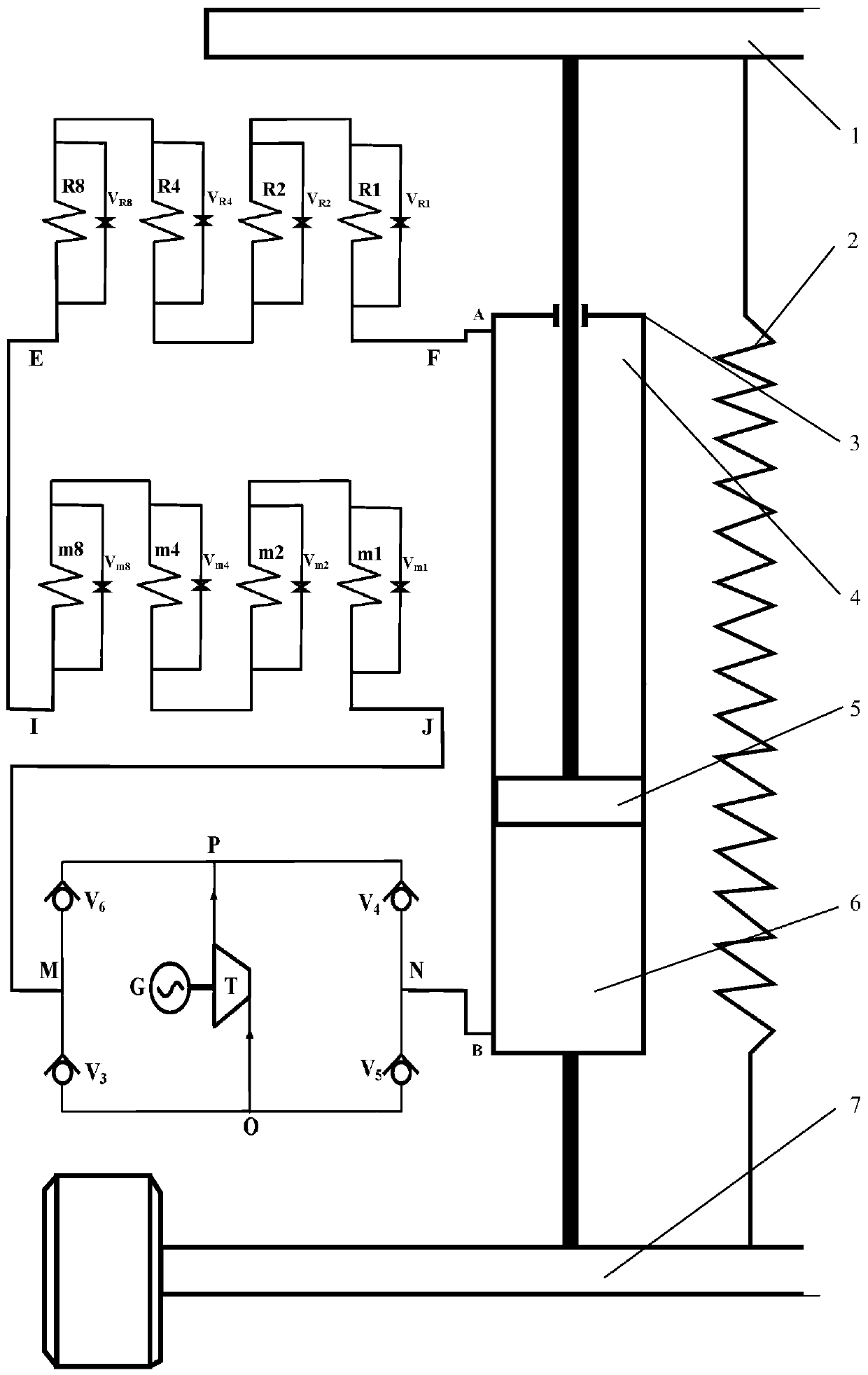 A series-series R-type automobile shock absorber and method for recovering energy from a single turbine