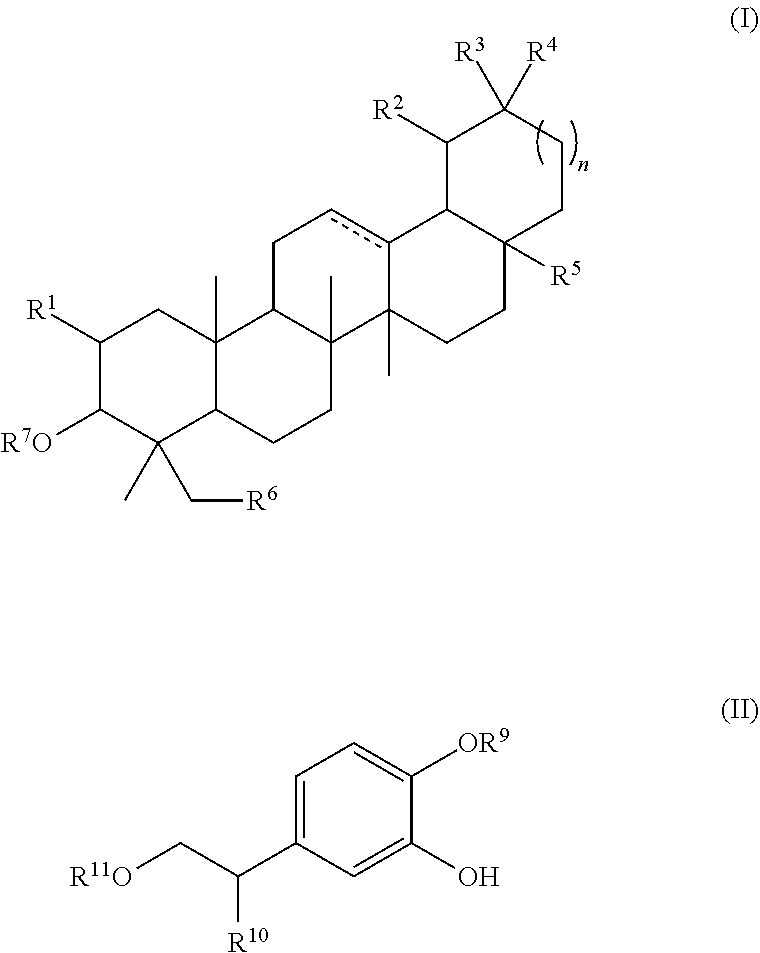 Combination of pentacyclic triterpenes and hydroxytyrosol and derivatives thereof