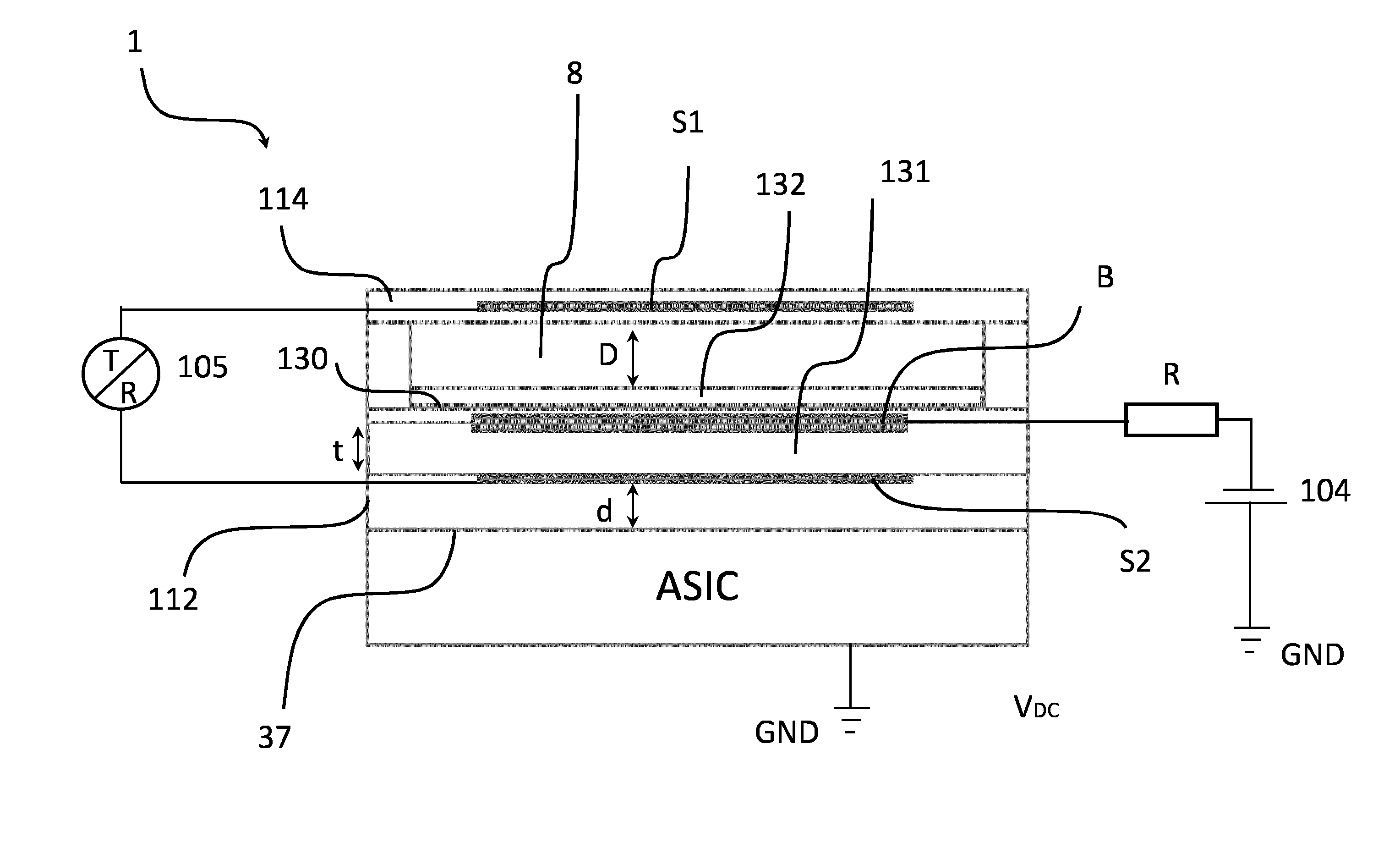 Monolithically integrated three electrode cmut device