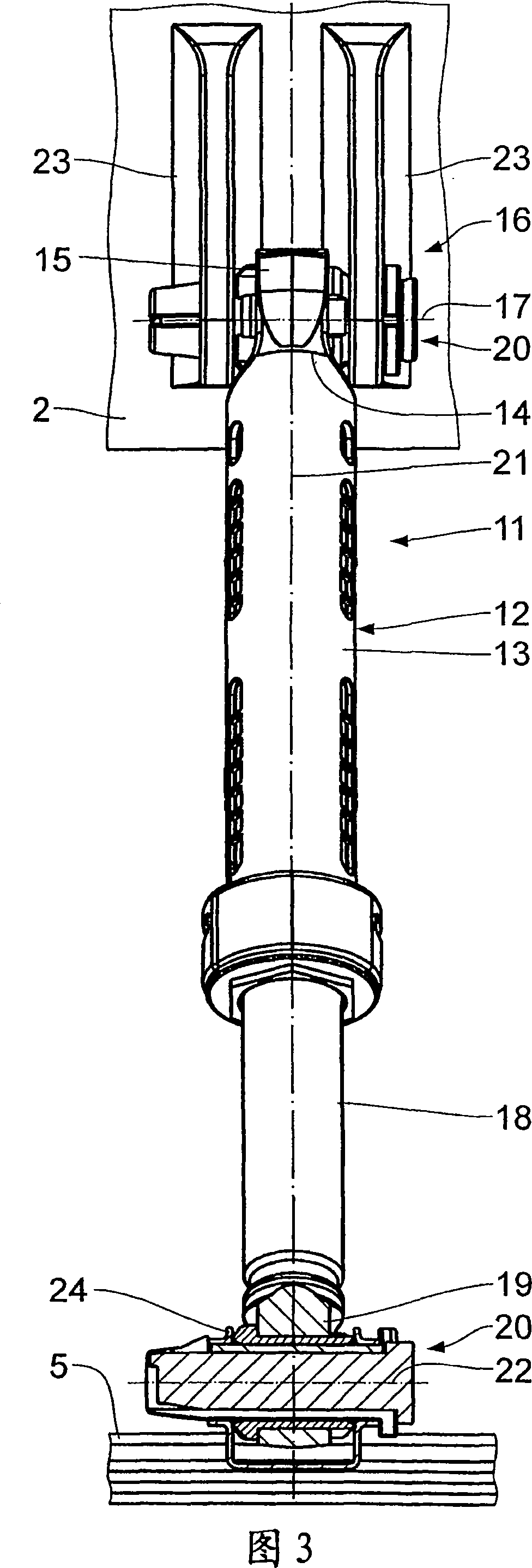 Connecting device for connecting of vibration damper to washing machine and/or frame of washing machine