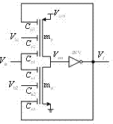 Adjustable-threshold-value schmitt trigger circuit based on multi-input floating gate metal oxide semiconductor (MOS) tube