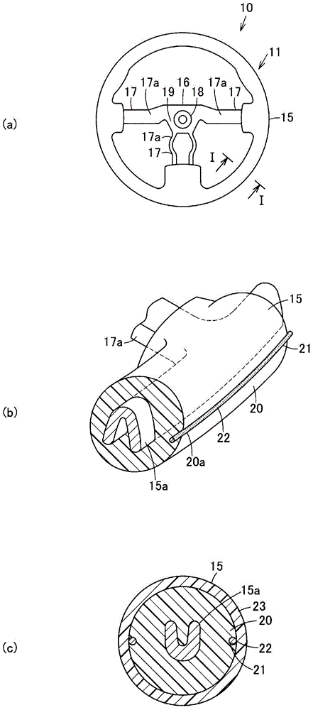 Handle, method for manufacturing handle, and device for manufacturing handle