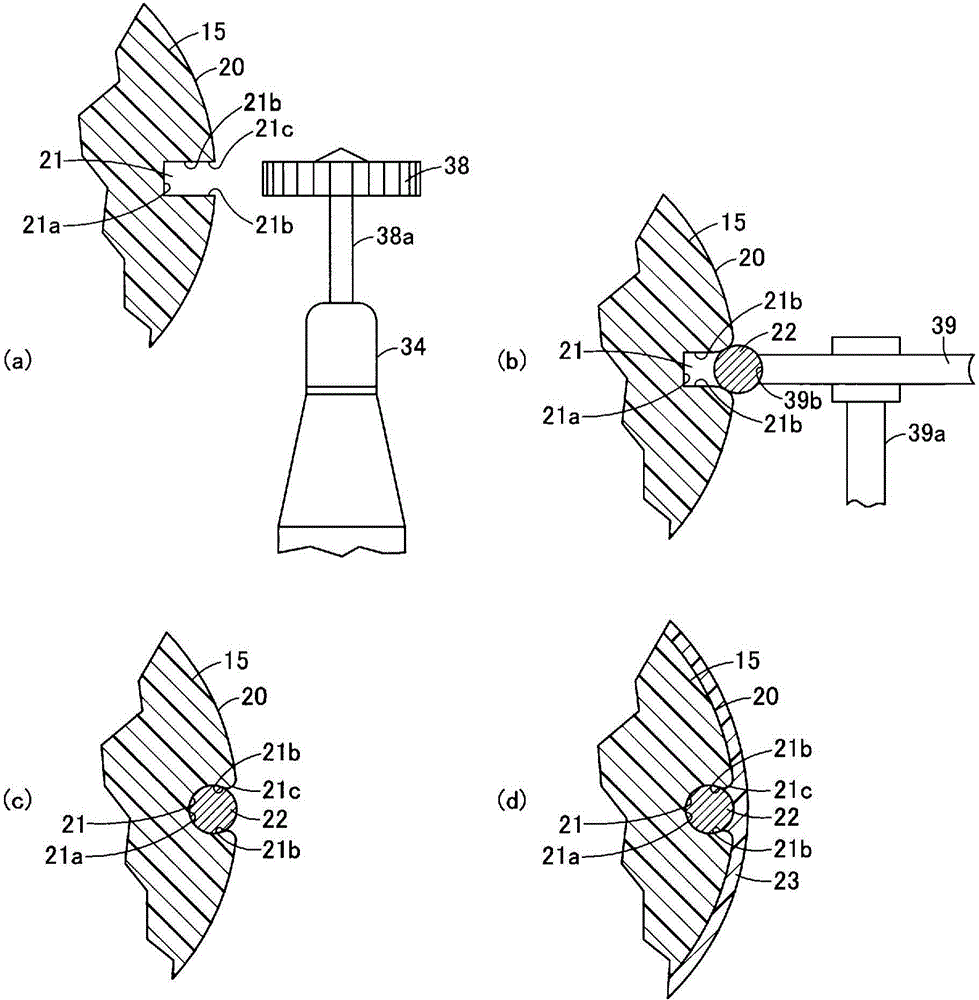 Handle, method for manufacturing handle, and device for manufacturing handle